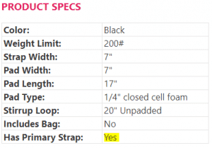 specs sheet showing primary strap availablility