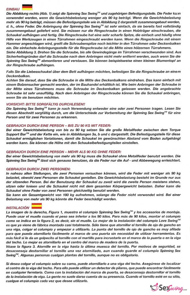 TLC Spinning Love Swing Instruction booklet page 8 - instructions in german and spanish. 